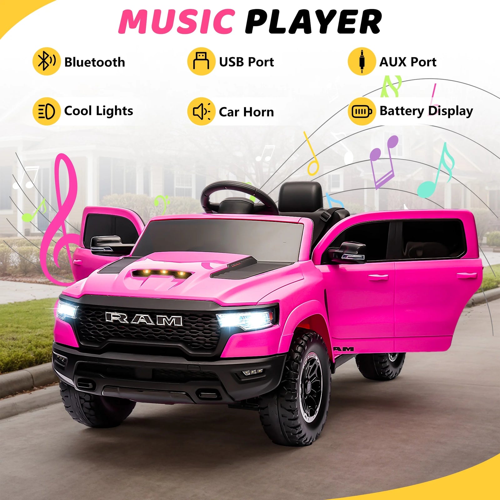 Dodge RAM Ride on Car, 12V Powered Ride on Toy with Remote Control, Rear Wheel Suspension, 5 Point Safety Belt, MP3 Player, Bluetooth, LED Lights, Electric Vehicles for 3-8 Years Boys Girls, Black