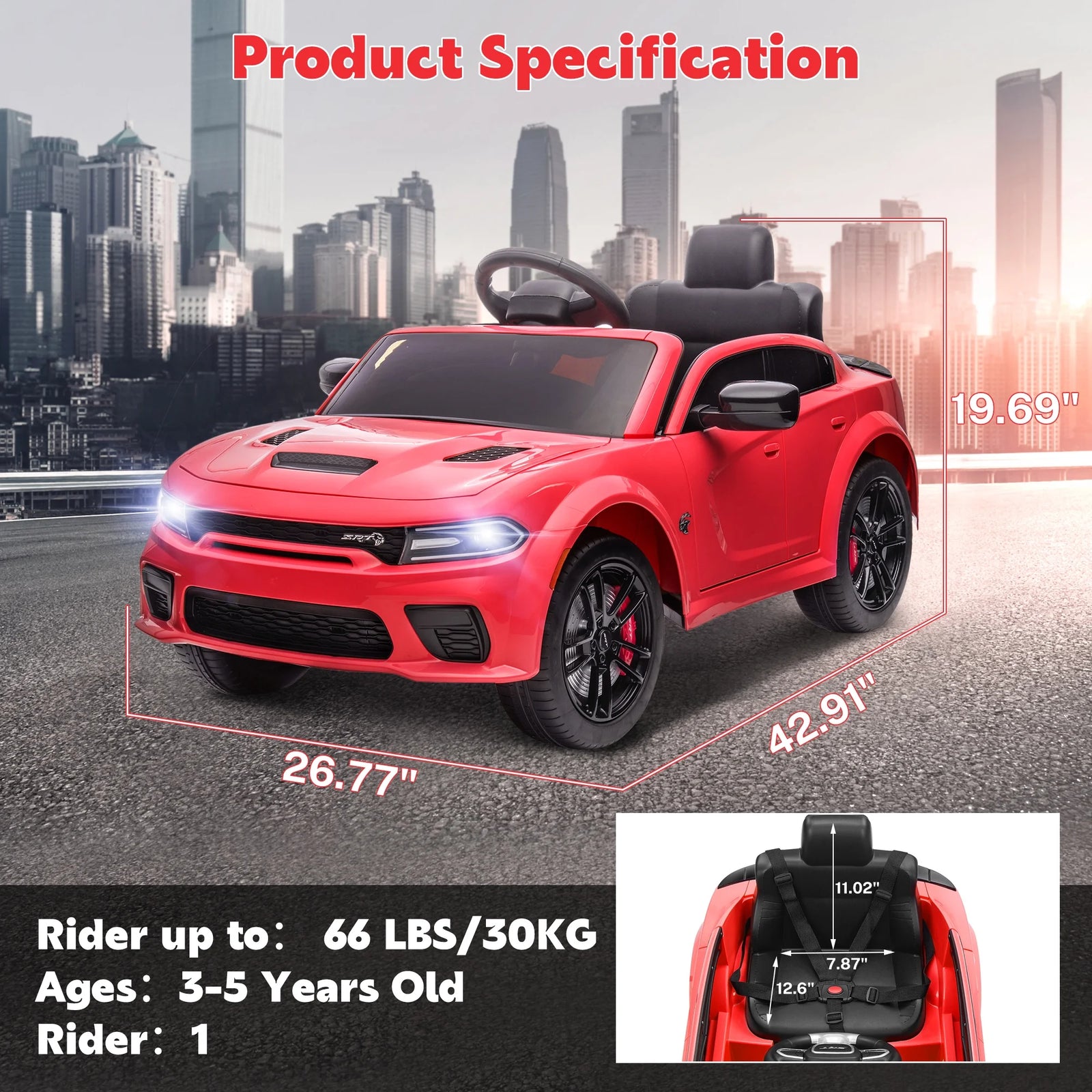 Dodge Electric Ride on Cars for Kids, 12V Licensed Dodge Charger SRT Powered Ride on Toys Cars with Parent Remote Control, Electric Car for Girls 3-5 W/Music Player/Led Headlights/Safety Belt, White