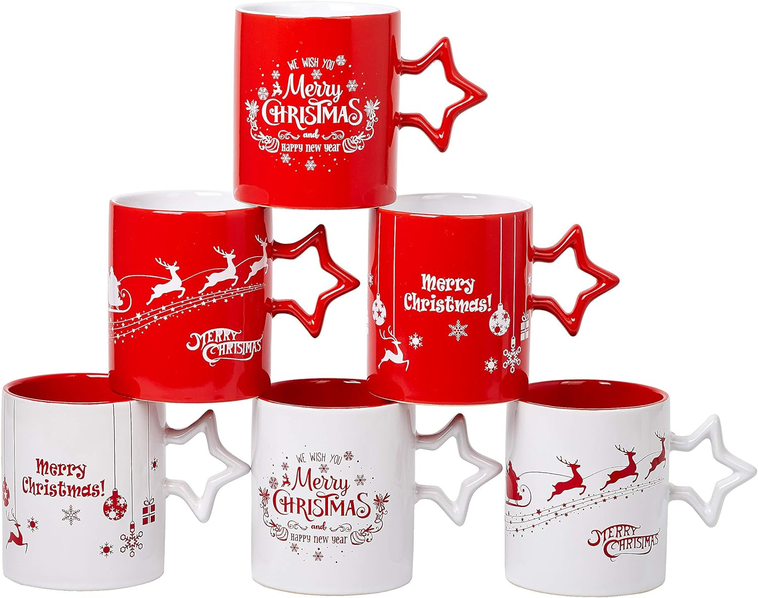 Red & White Christmas Coffee Mugs with Star Handle Set of 6 | Large-Sized Christmas Mugs 14 Ounce New Year Holidays Novelty Christmas Cups - Decorative DIY Christmas Cute Mugs for Hot or Cold