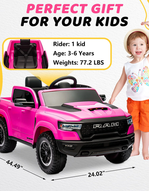 Load image into Gallery viewer, Dodge RAM Ride on Car, 12V Powered Ride on Toy with Remote Control, Rear Wheel Suspension, 5 Point Safety Belt, MP3 Player, Bluetooth, LED Lights, Electric Vehicles for 3-8 Years Boys Girls, Black
