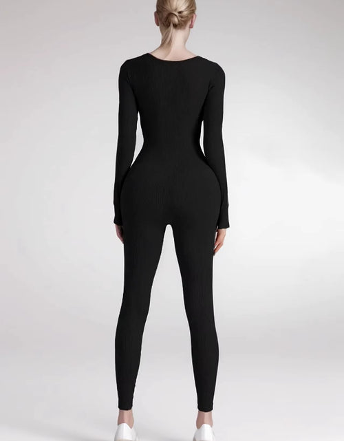 Load image into Gallery viewer, New Threaded Fabric High Quality Women Jumpsuits Long Sleeve Shapewear Hip Lift Yoga Exercise One Piece Jumpsuit with Long Pants
