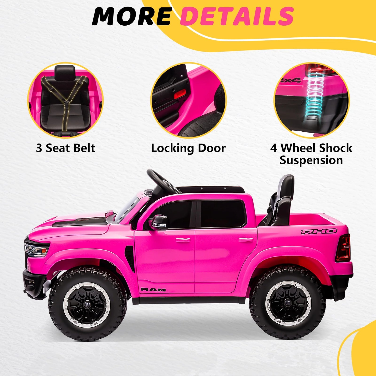 Dodge RAM Ride on Car, 12V Powered Ride on Toy with Remote Control, Rear Wheel Suspension, 5 Point Safety Belt, MP3 Player, Bluetooth, LED Lights, Electric Vehicles for 3-8 Years Boys Girls, Black