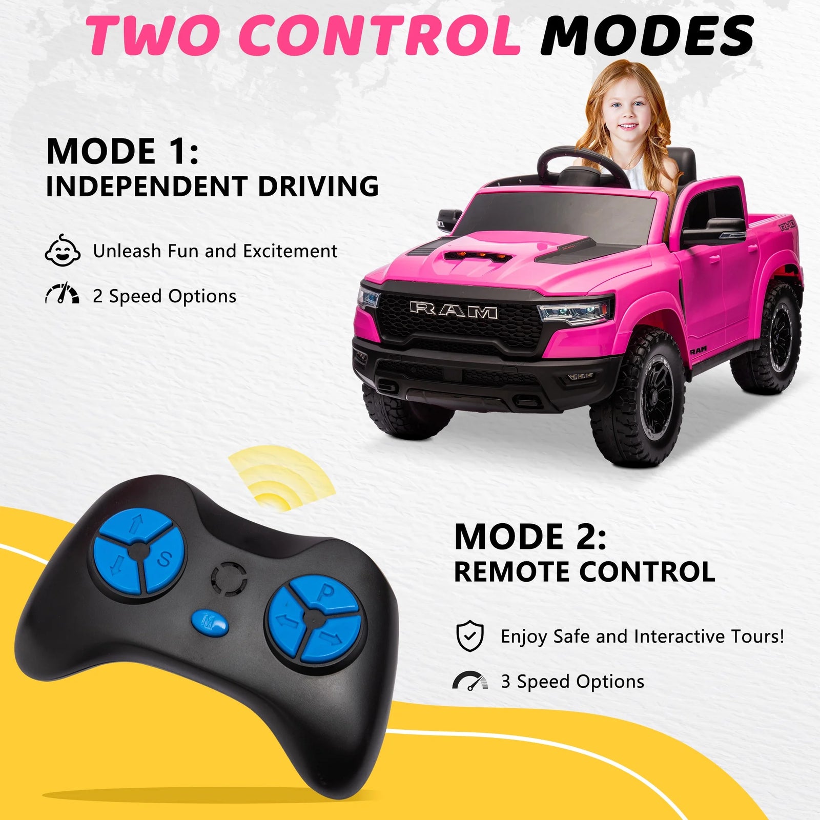 Dodge RAM Ride on Car, 12V Powered Ride on Toy with Remote Control, Rear Wheel Suspension, 5 Point Safety Belt, MP3 Player, Bluetooth, LED Lights, Electric Vehicles for 3-8 Years Boys Girls, Black