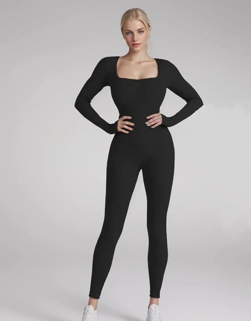 Load image into Gallery viewer, New Threaded Fabric High Quality Women Jumpsuits Long Sleeve Shapewear Hip Lift Yoga Exercise One Piece Jumpsuit with Long Pants
